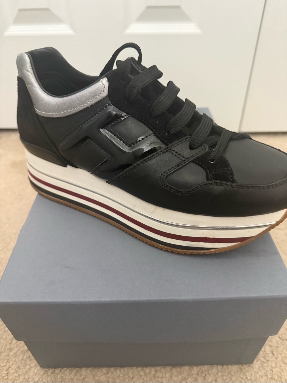 Hogan Black and Silver Platform Lace-Up Sneakers